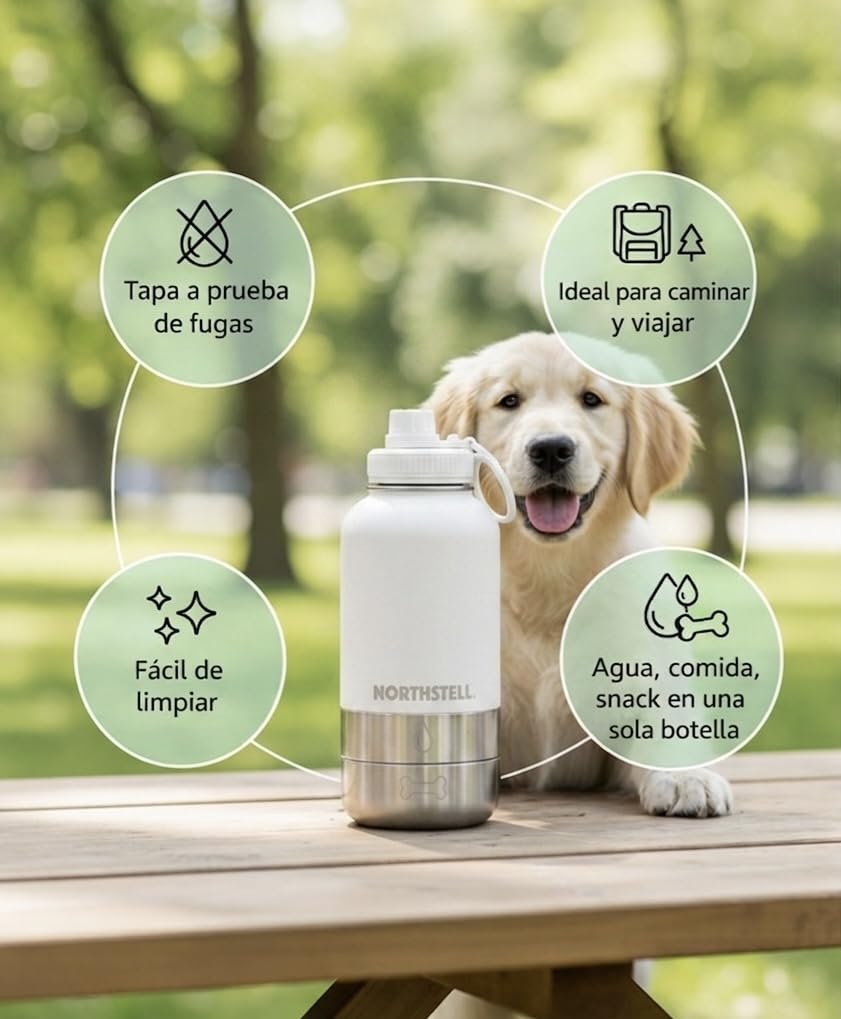 Botella 3 en 1 para Perros y Mascotas, Botella de Agua con 2 Recipientes para Comida y Bebedero Portátil,sin BPA, Antigoteo, Ideal para Paseos, Viajes y Excursiones (Blanco)