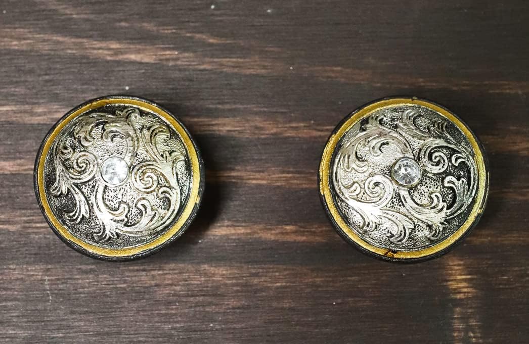 Ebros Gift Set of 6 Rustic Western Silver Scroll Lace Filigree Pattern with Gold Band Vintage Round Sculpted Resin Drawer Cabinet Door Furniture Pull Knobs (3)