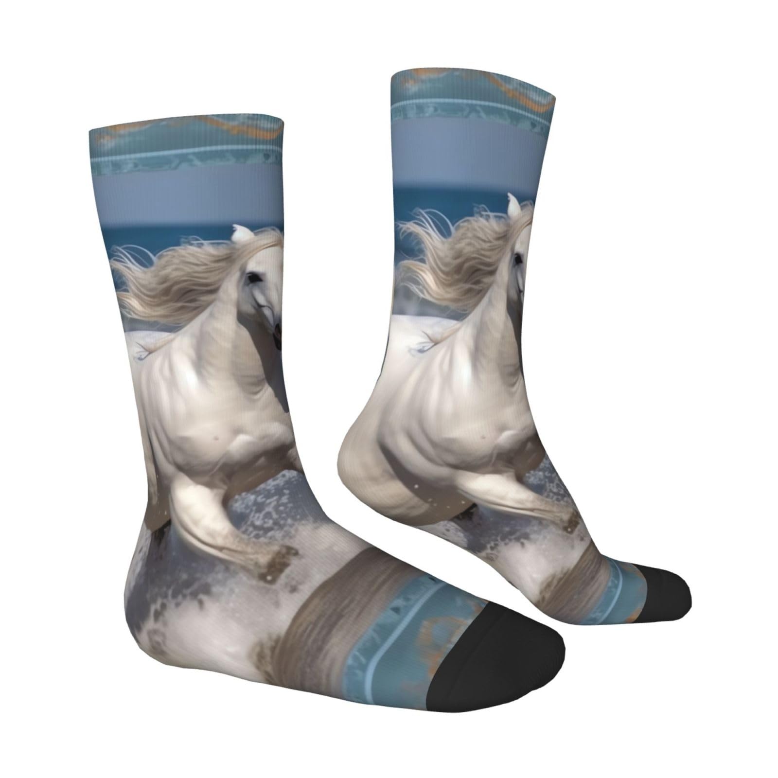 LZQPOEAS White horse running on the sea Athletic Socks Unisex Cushioned Crew Socks Hiking Running Calf Sock Soft Above Ankle Sock