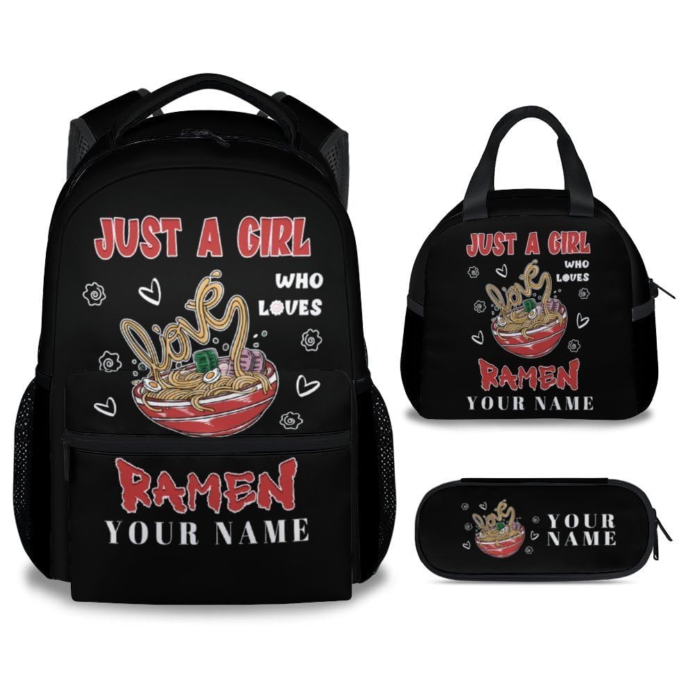 BEOIIBIRD Custom Ramen Backpack with Lunch Box Set for Girls, 3 in 1 School Backpacks Matching Combo, Cute Black Bookbag and Pencil Case Bundle