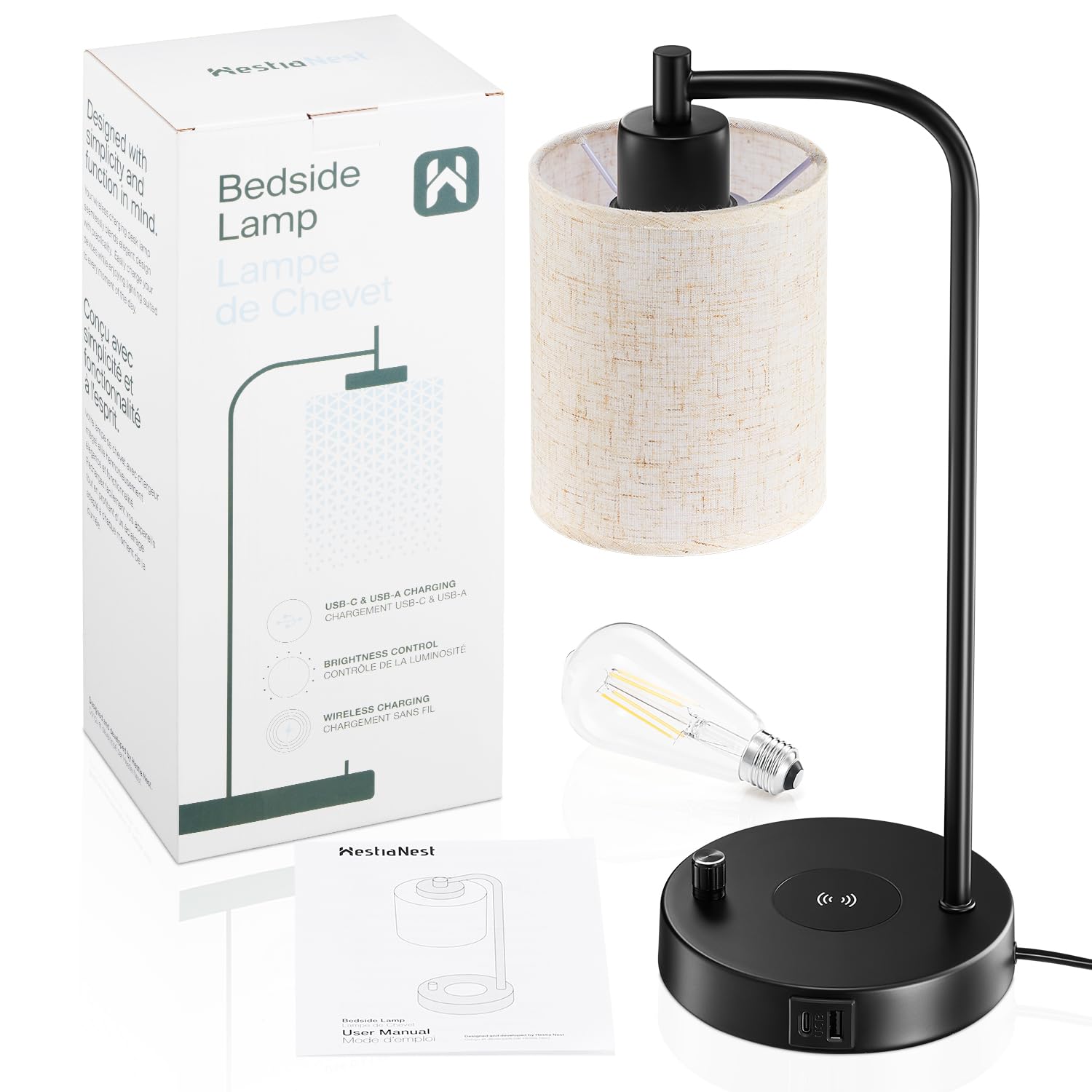 Lampe de chevet LED chambre avec chargeur induction, ports de recharge USB-C+A, Intensité variable, Abat-jour en lin, Veilleuse table de chevet, Lampe de bureau pour lecture, Lampe chevet connectée