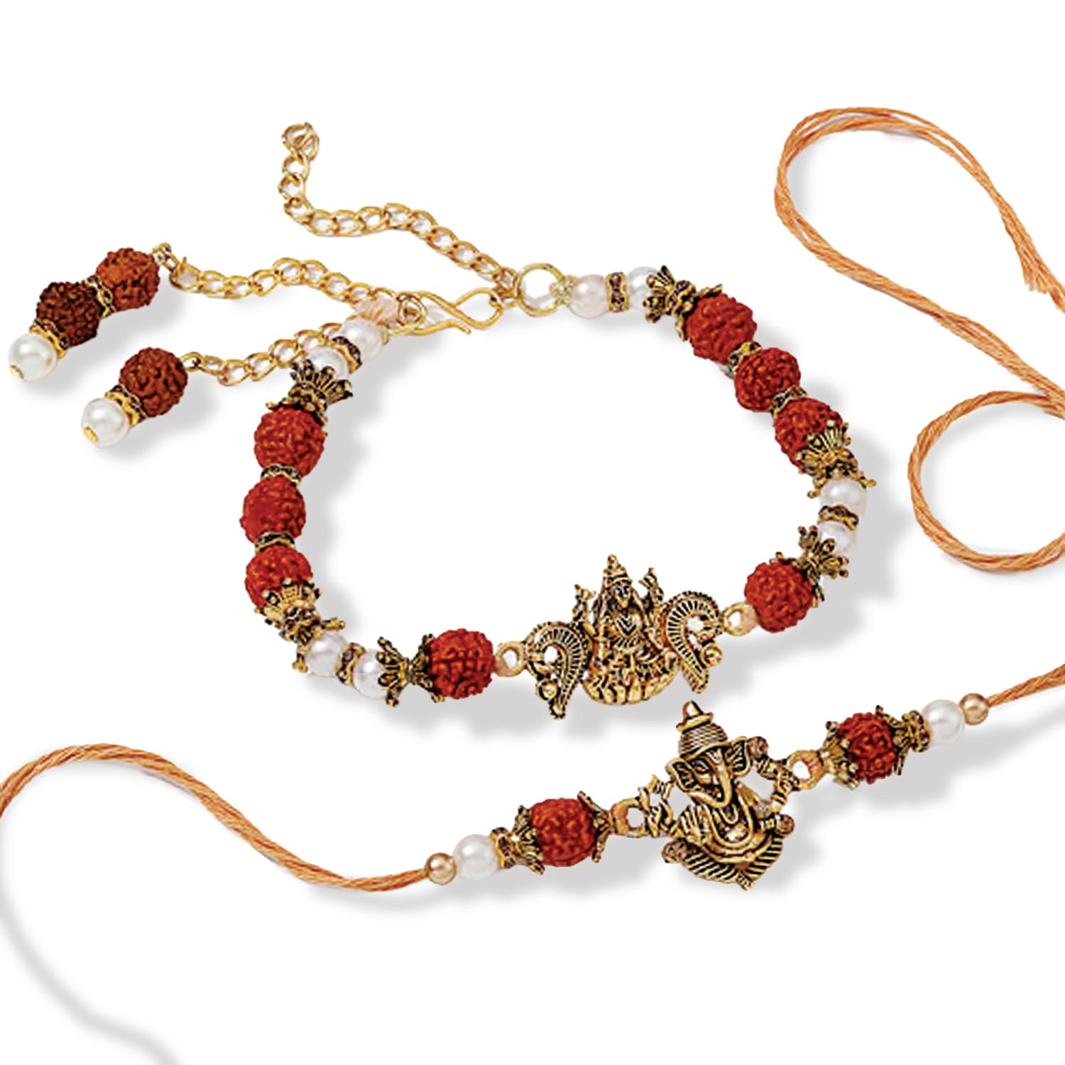 kaameri bazaar Ganesh & Lakshmi Antique Bhaiya Bhabhi Rakhis Set, Rakhi for Brother and Bhabhi with Roli Chawal & Greeting Card, Rudraksha Beads and Pearl Rakhi for Raksha Bandhan Gift-picture-28