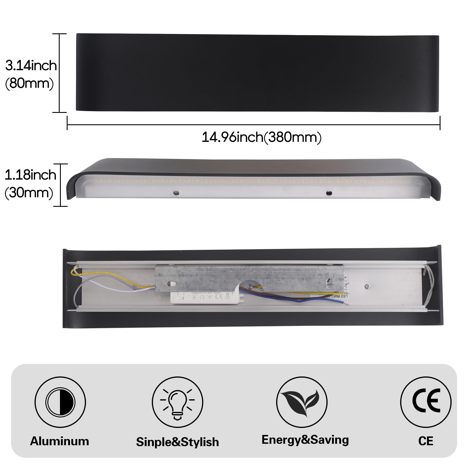 YCZM Applique da Parete Interno 24W,Lampada LED Parete Interni 3000K/4000K/6500K Temperature a tre colori opzionale,Applique LED da Parete Interno 38CM 2880LM,Lampada a Muro 2 Pezzi Nero