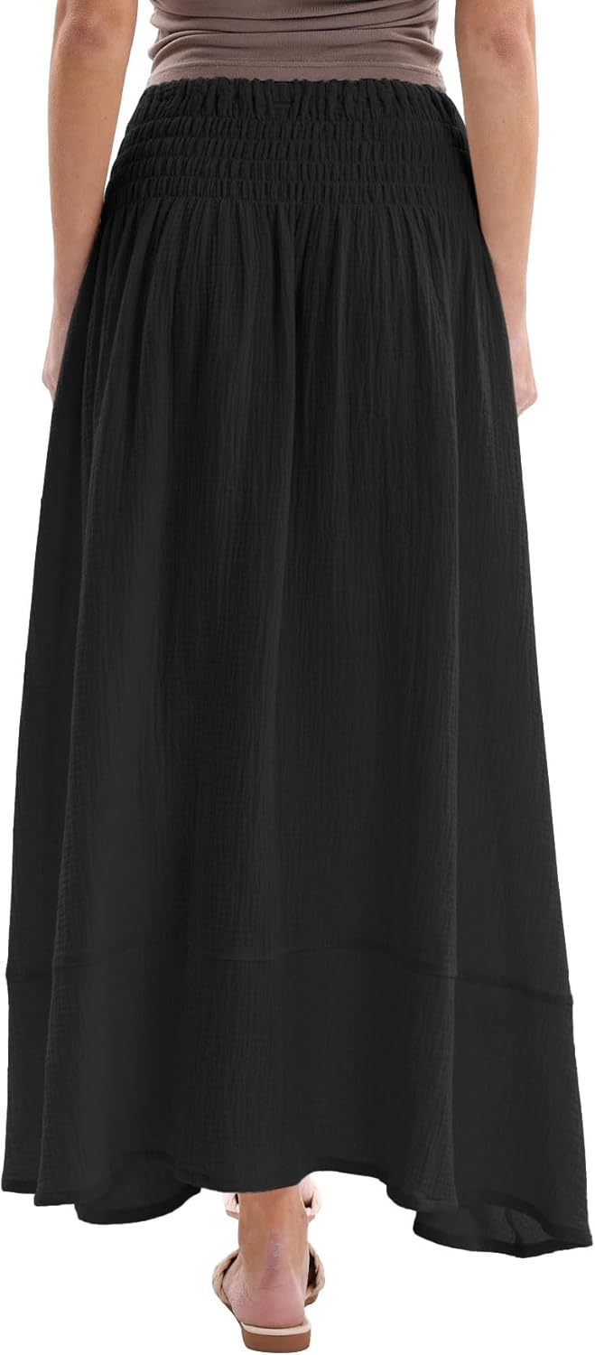 Amazhiyu Women's Summer Beach Crinkle Cotton Gauze Button-Front Slit Maxi Skirt Black, Large - Image 4