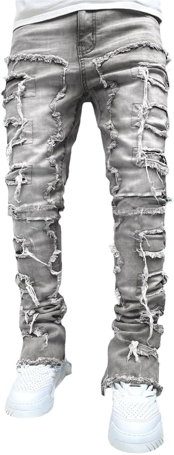 Boy's Skinny Fit Ripped Distressed Straight Leg Jeans Hip Hop Slim Denim Pants