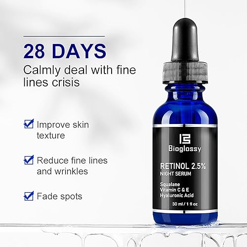 Miniatura 3 de Suero de retinol para cara, 2.5% retinol intenso suero nocturno con escualano, vitamina C, E y B3, ácido hialurónico para líneas, arrugas y daño