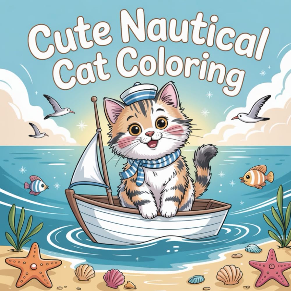 Cute Nautical Cat Coloring: Adorable kawaii cats sailing the seas in this bold and easy coloring book for all ages!