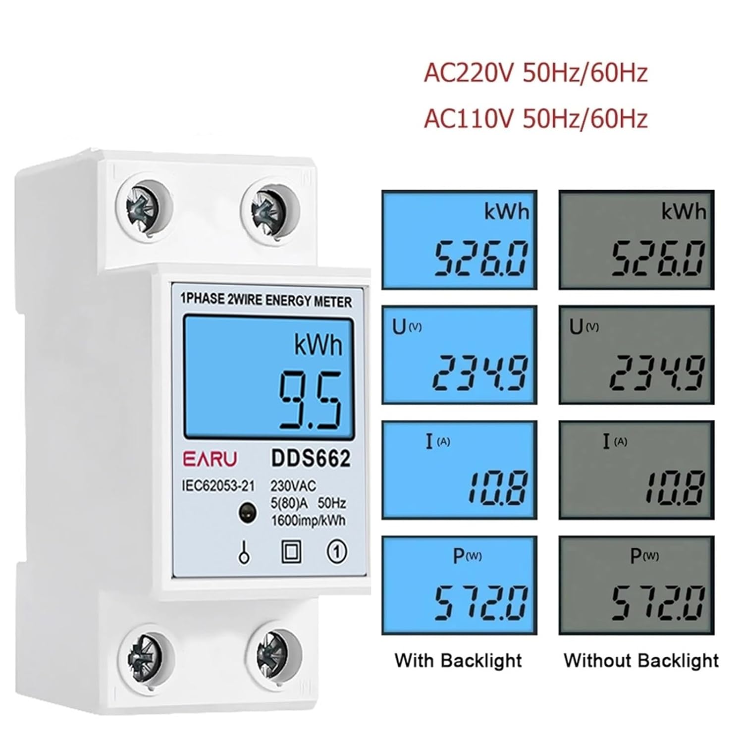 Din-Rail Power Energy Meter 5-80A LCD Backlight Digital Display Single Phase Electronic Energy KWh Meter Voltmeter Ammeter Volt(Without Backlight,110V)