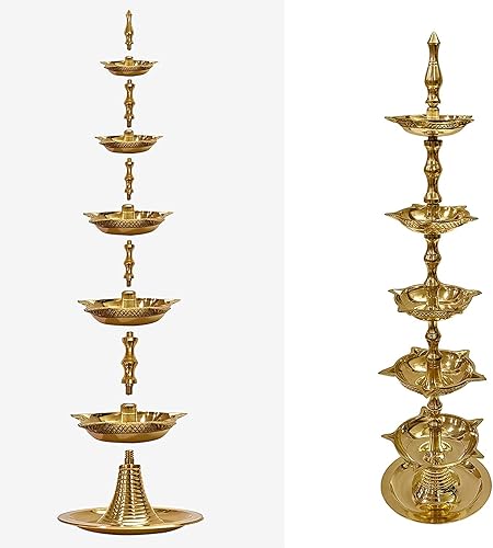 Miniatura 3 de SATVIK - 2 piezas de latón de pie Kerala Samai Diwali Deepak para Puja tradicional Panchmahal Pooja Deepam Diya lámpara de aceite Kutthu Vilakku