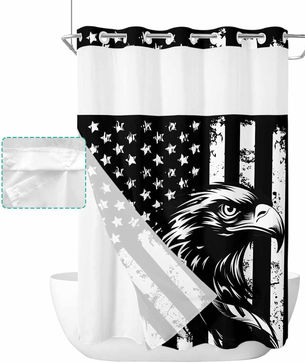 Patriotic Eagle No Hook Shower Curtain with Snap in Liner America Flag Stripes Stars Waterproof Shower Curtains for Bathroom with See Through Top Window Washable Bathroom Decor 60x72 Inch