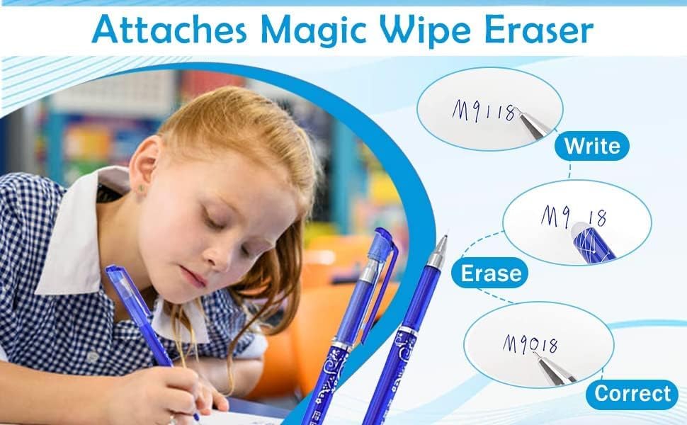 Image of 6 Pcs Fine Tip Erasable Gel Pens Blue Ink | Retractable Rollerball Friction Pens | Smooth Writing 0.5mm & 0.35mm Nib with Attached Magic Wipe Eraser | Set of Erasable Ink Pens