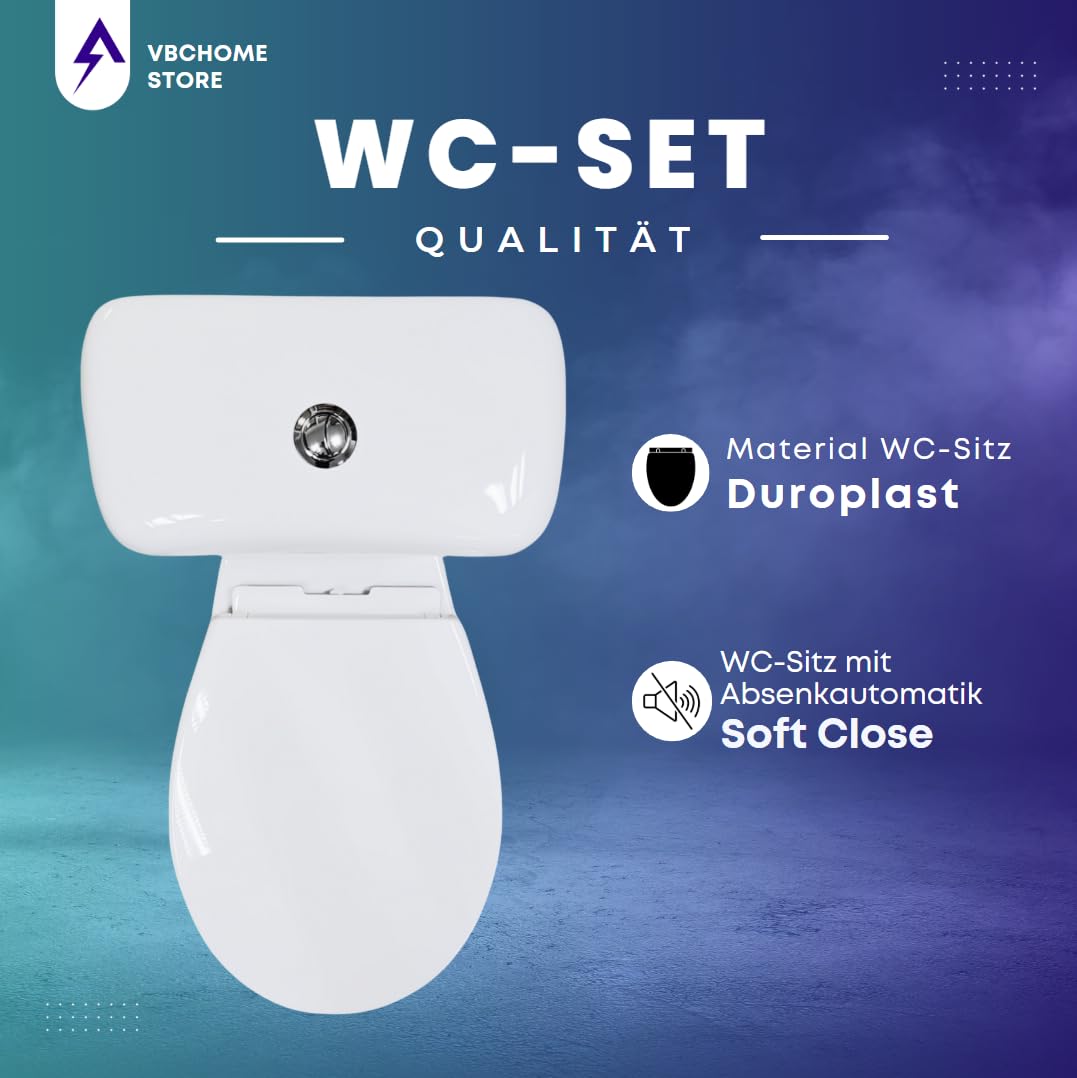 VBChome Set completo WC da terra in ceramica con sciacquone, sedile in polipropilene con abbassamento automatico funzione SoftClose, scarico verticale, igienico ed estetico