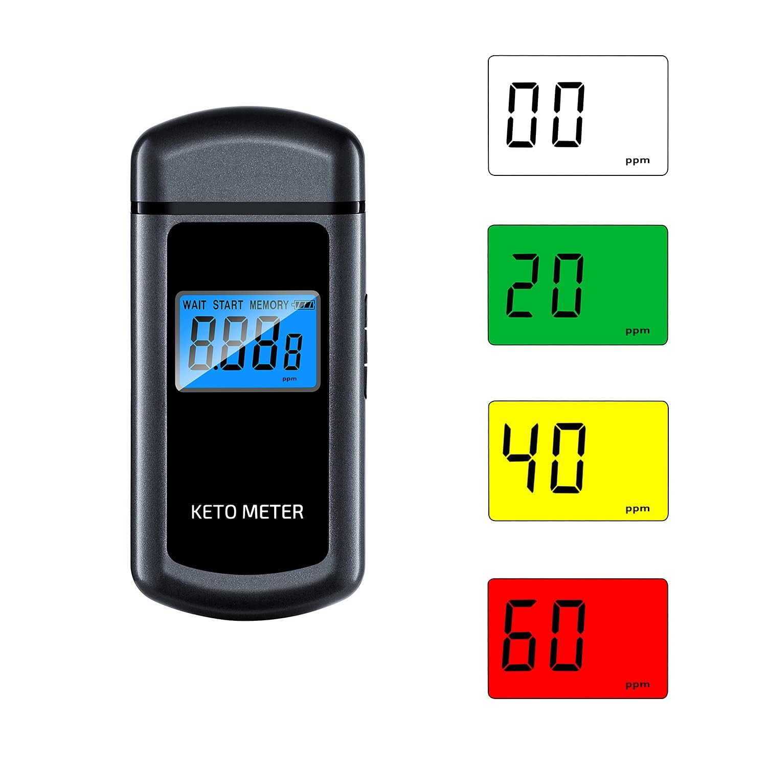 Misuratore di respiro chetone professionale per chetoni, misuratore di respiro portatile chetosi ricaricabile USB, con 10 bocchini intercambiabili per test di chetosi (nero)