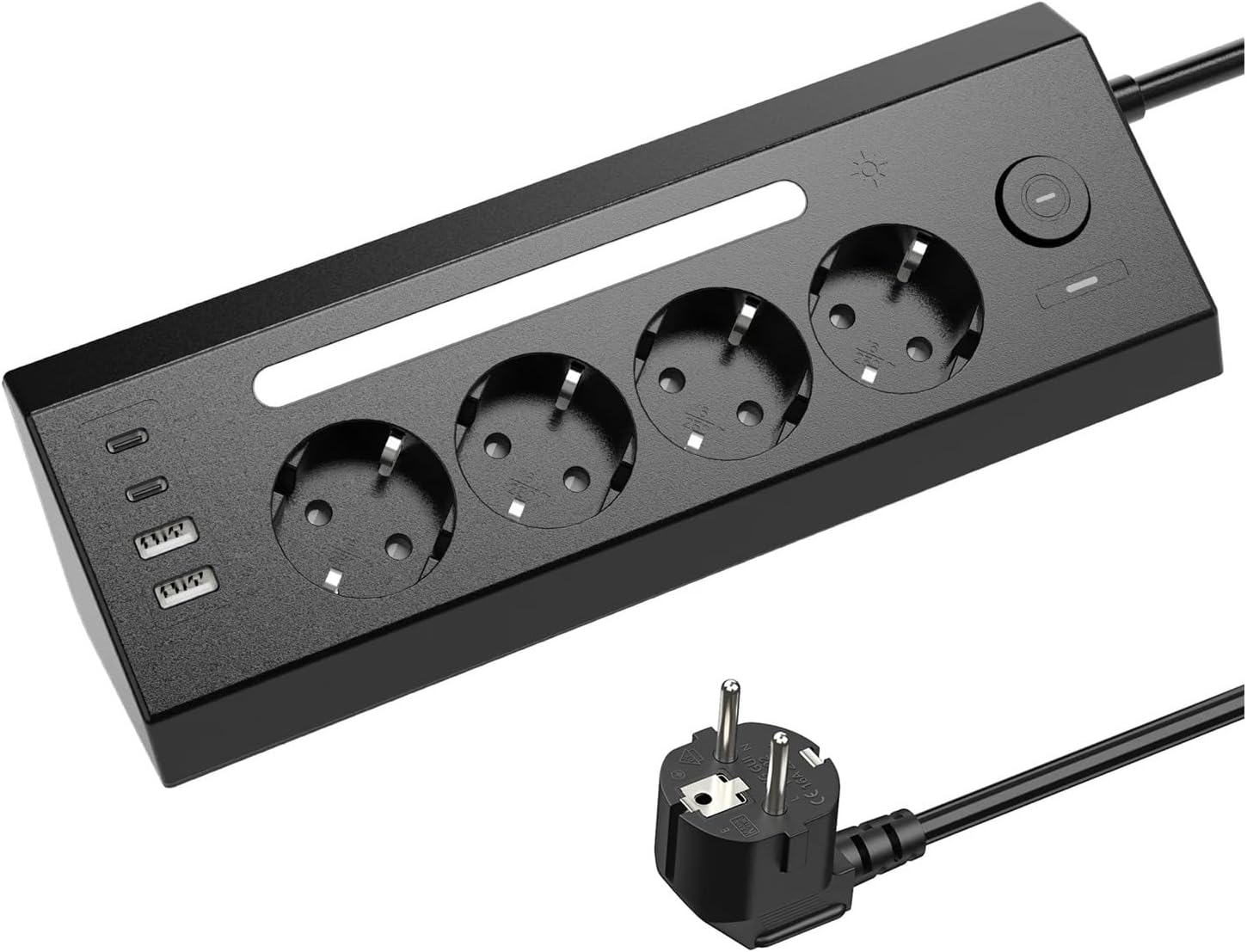 8-in-1 EU Socket Board with 2USB+2Type-C+ Control Switch, 1.8-Meter Extension Cord, and Night Light Adjustment Function(EU_250V_Black)