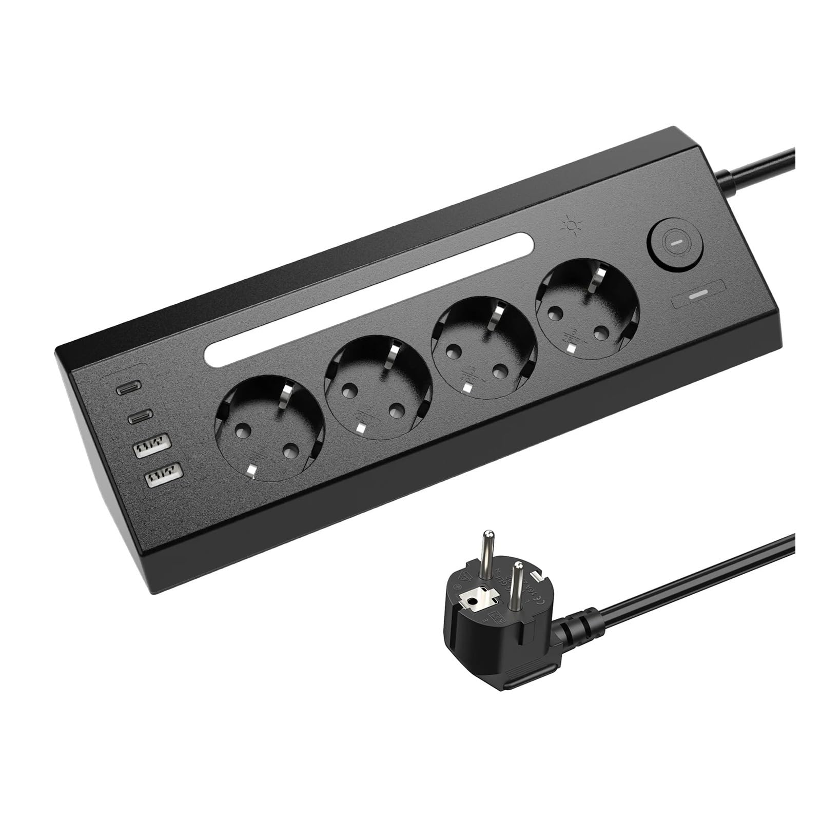 8-in-1 EU Socket Board with 2USB+2Type-C+ Control Switch, 1.8-Meter Extension Cord, and Night Light Adjustment Function(EU_250V_Black)