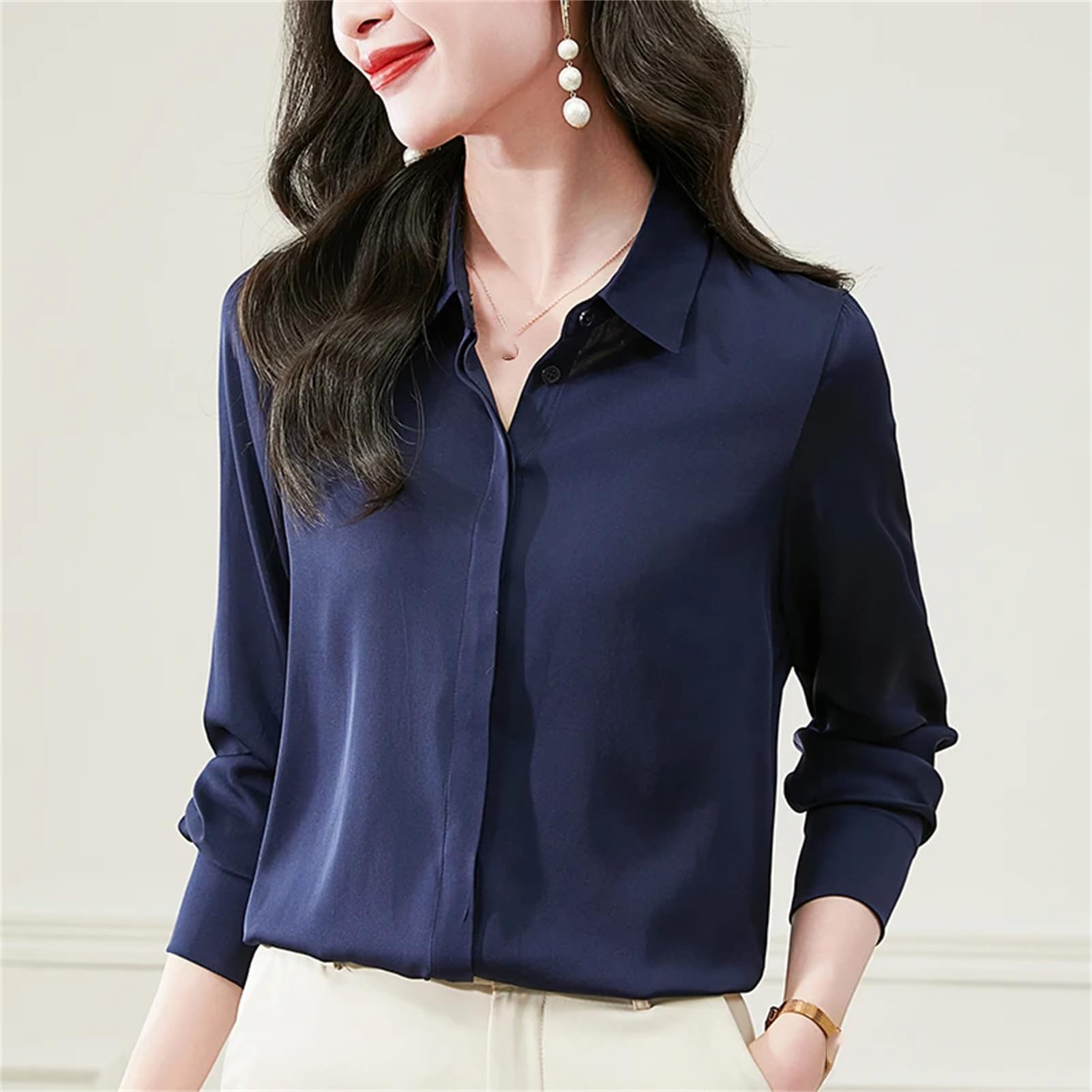 Vogrtcc Blusa básica de seda para mujer, con botones, de manga larga, para oficina, ropa de trabajo