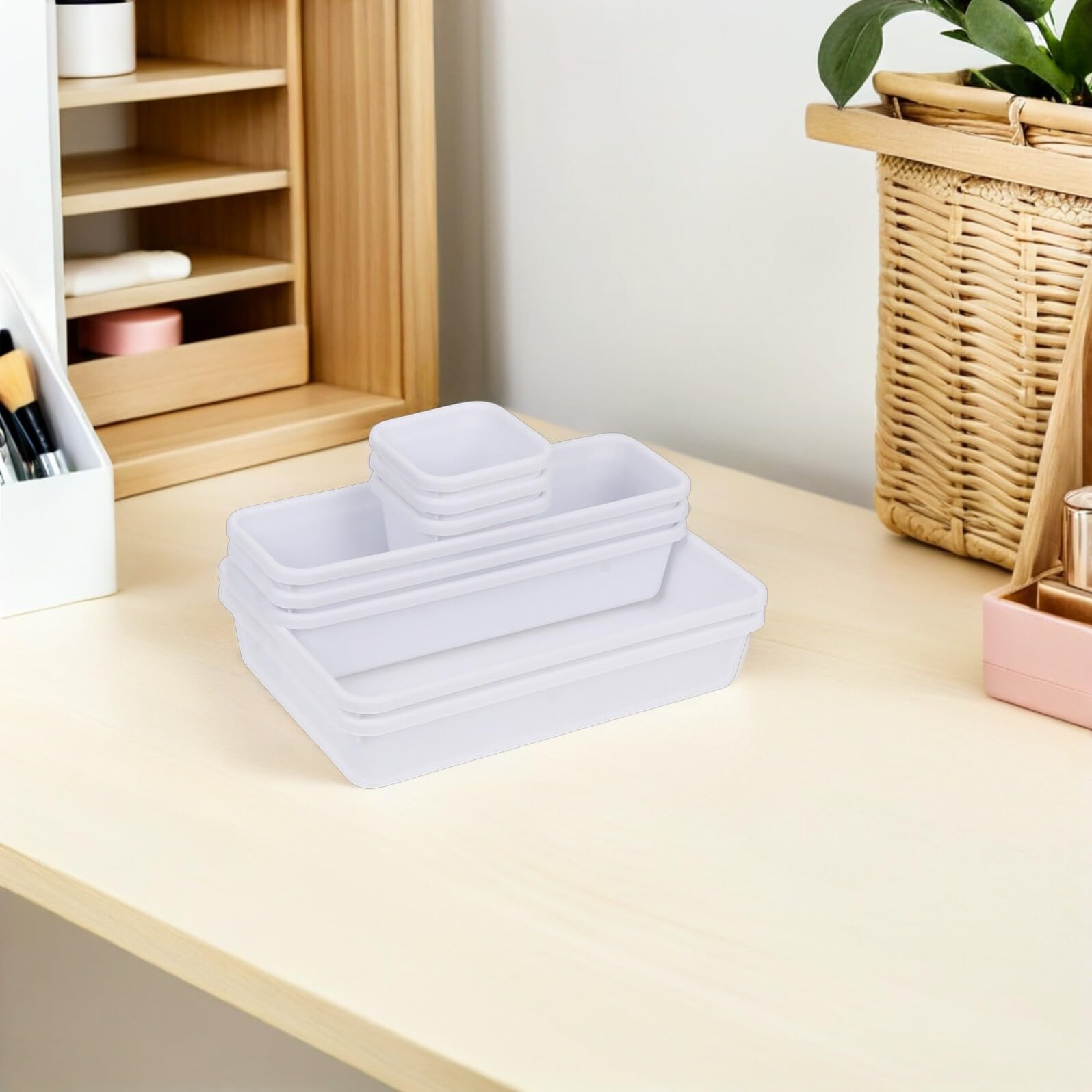 Organizer da Scrivania Modulare 16 Pezzi in Plastica Bianca, Scatole Portaoggetti per Trucco e Cosmetici, Divisori per Cassetti per Bagno e Uso Domestico