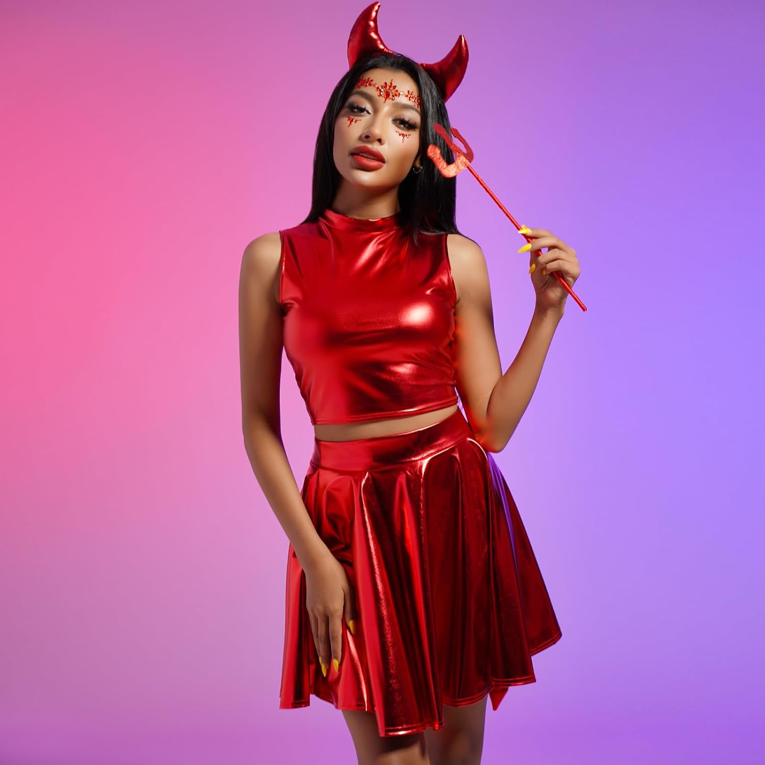 ODIZLI Women Halloween Angle Devil Costume Outfit Wings Halo Headband Wand Devil Horn Pitchfork Tail Cosplay Set