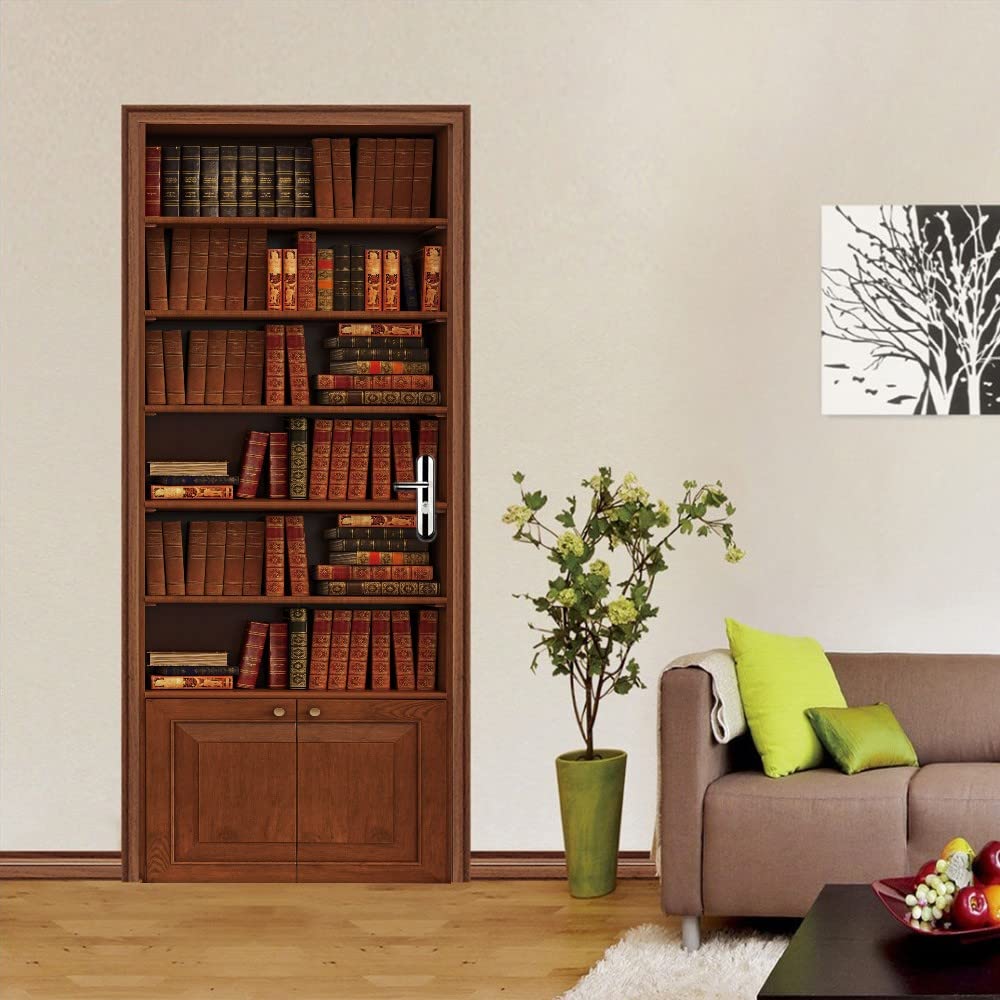 Autocollant cuisine et portes vinyle mural bibliothèque 3D amovible 90x215