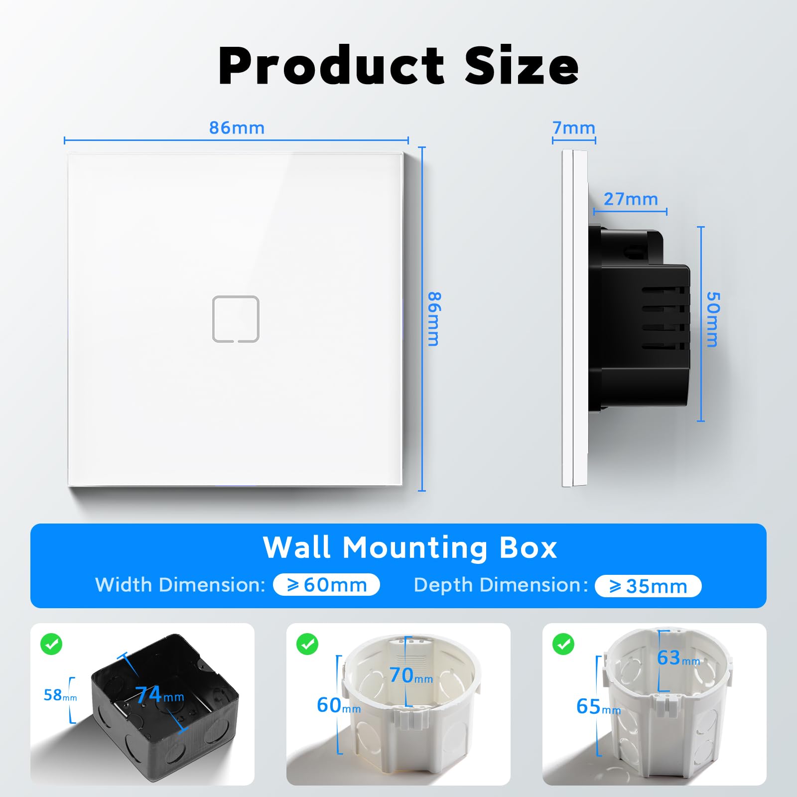 Interruptor Inteligente WiFi Empotrado,Smart Interruptor Táctil Pared,1 Gang 1 Vía 86 * 86 mm,Compatible con Alexa y Google Home (Aplicación Tuya/Smart Life),Blanco