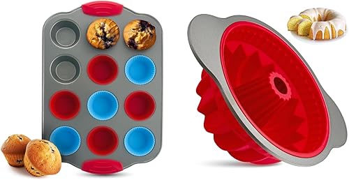 Boxiki Kitchen Baking Duo Mini Molde para Muffins de 12 tazas con revestimientos de silicona y bandeja antiadherente para pasteles de silicona