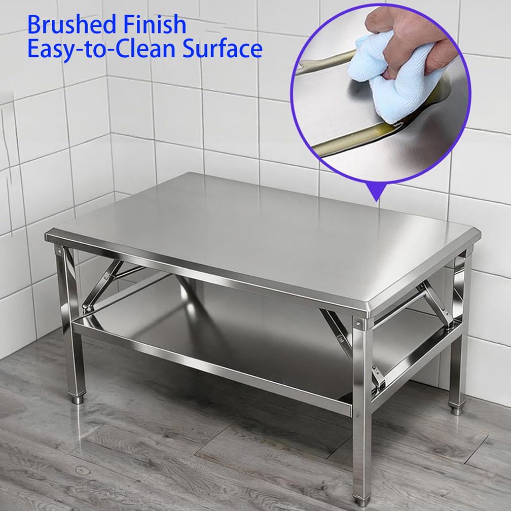 Tavolo da Preparazione in Acciaio Inossidabile - Tavoli da Cucina Pieghevoli Professionale con Ripiano Inferiore Regolabile, Banco da Lavoro Portatile per Ristoranti,Argento,L60*H50*W60