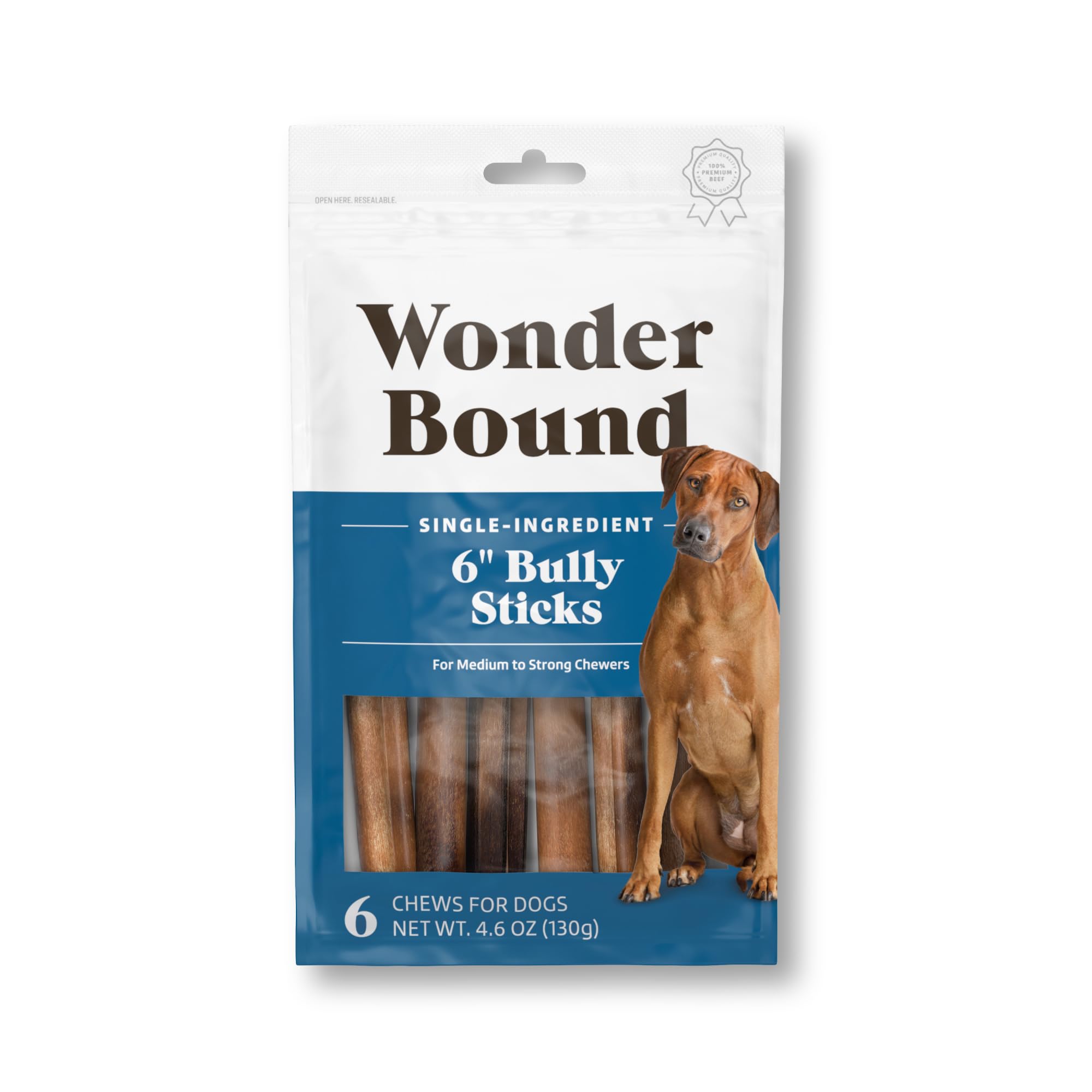 Amazon Brand - Wonder Bound Bully Sticks, All-Natural, Highly Digestible, Long Lasting Dog Beef Treats, 6 inch, (6 Count)