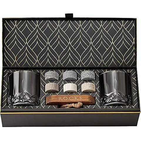Whiskey Chilling Stones Gift Set - 6 Handcrafted Premium Granite Round Sipping Rocks - 2 Crystal Glass Tumblers - Hardwood Presentation & Storage Tray - Elegant Gold Foil Gift Box by R.O.C.K.S Cover