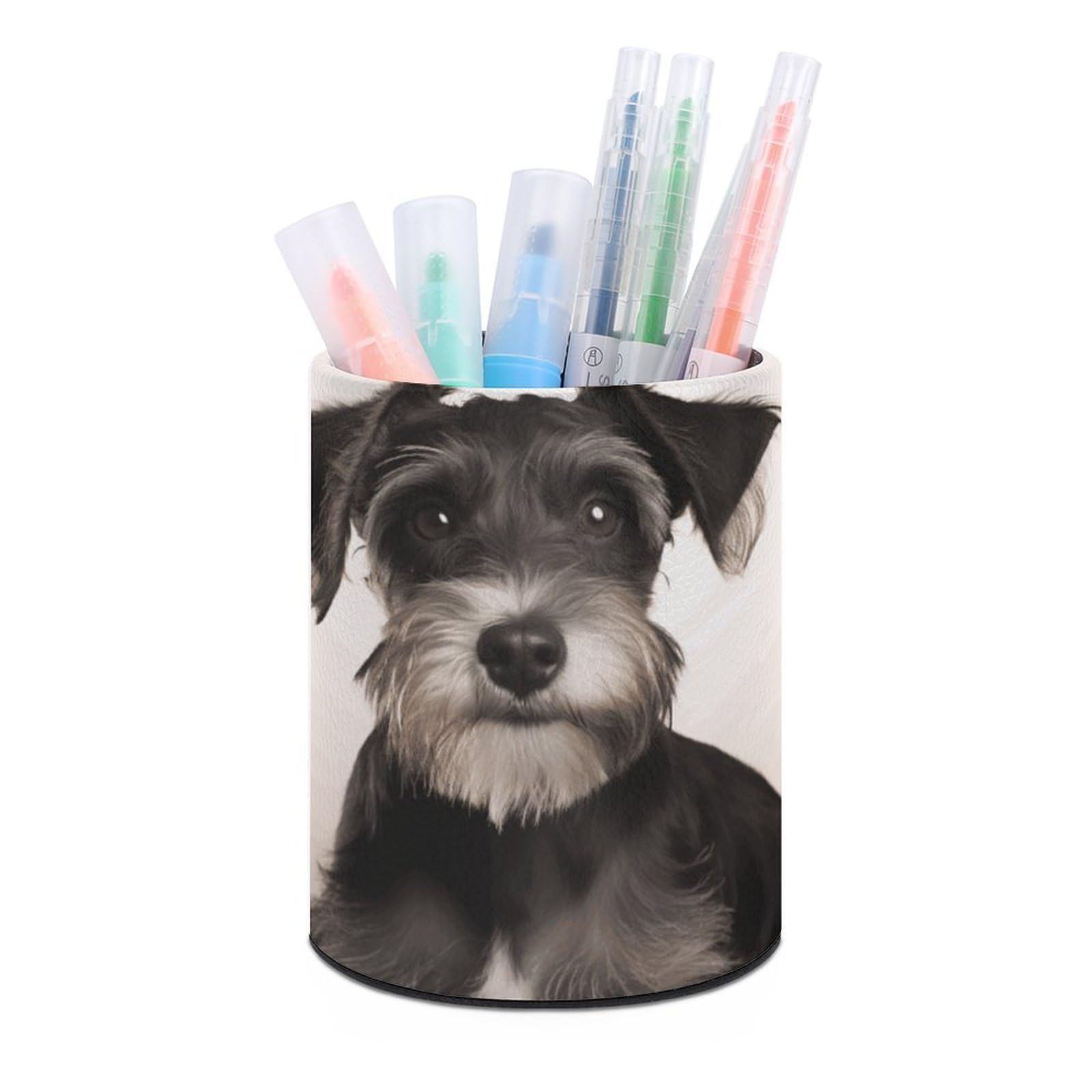 VstaDank Cute Schnauzer Pen Holder PU Leather Pencil Cup Minimalist Desk Pencil Holder Round Make Up Brush Organizers For Office Dorm Room&Vanity Desk Accessories