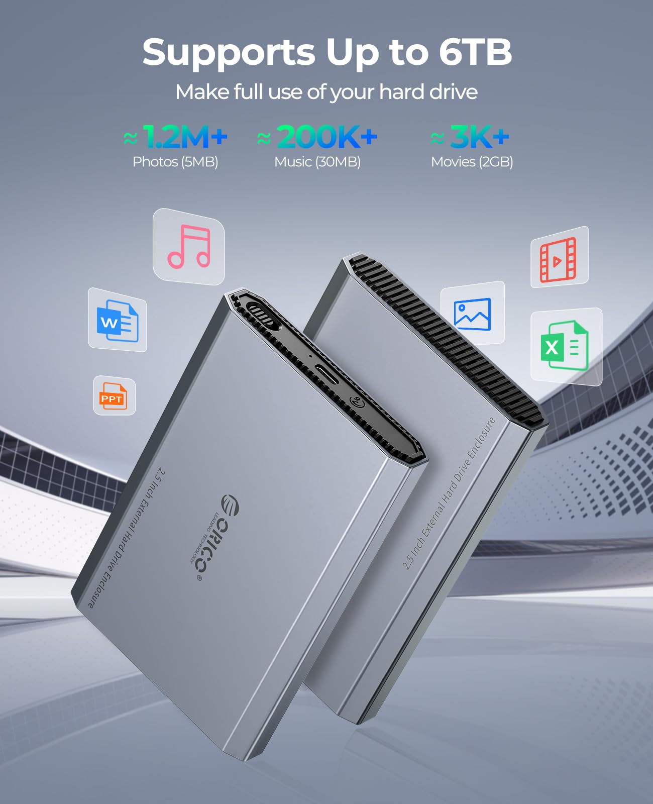 ORICO Case Hard Disk 2.5 Pollici Alluminio USB-C 3.2 a SATA Custodia Disco Rigido Esterno per 7-9,5mm SATA I II III HDD SSD fino a 6TB, con Cavo USB C/A 2 in 1 (DD25C3)