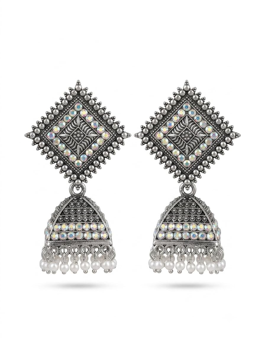 Oxidised Silver Jhumka Earrings with Crystal and Pearl Drops-image-6