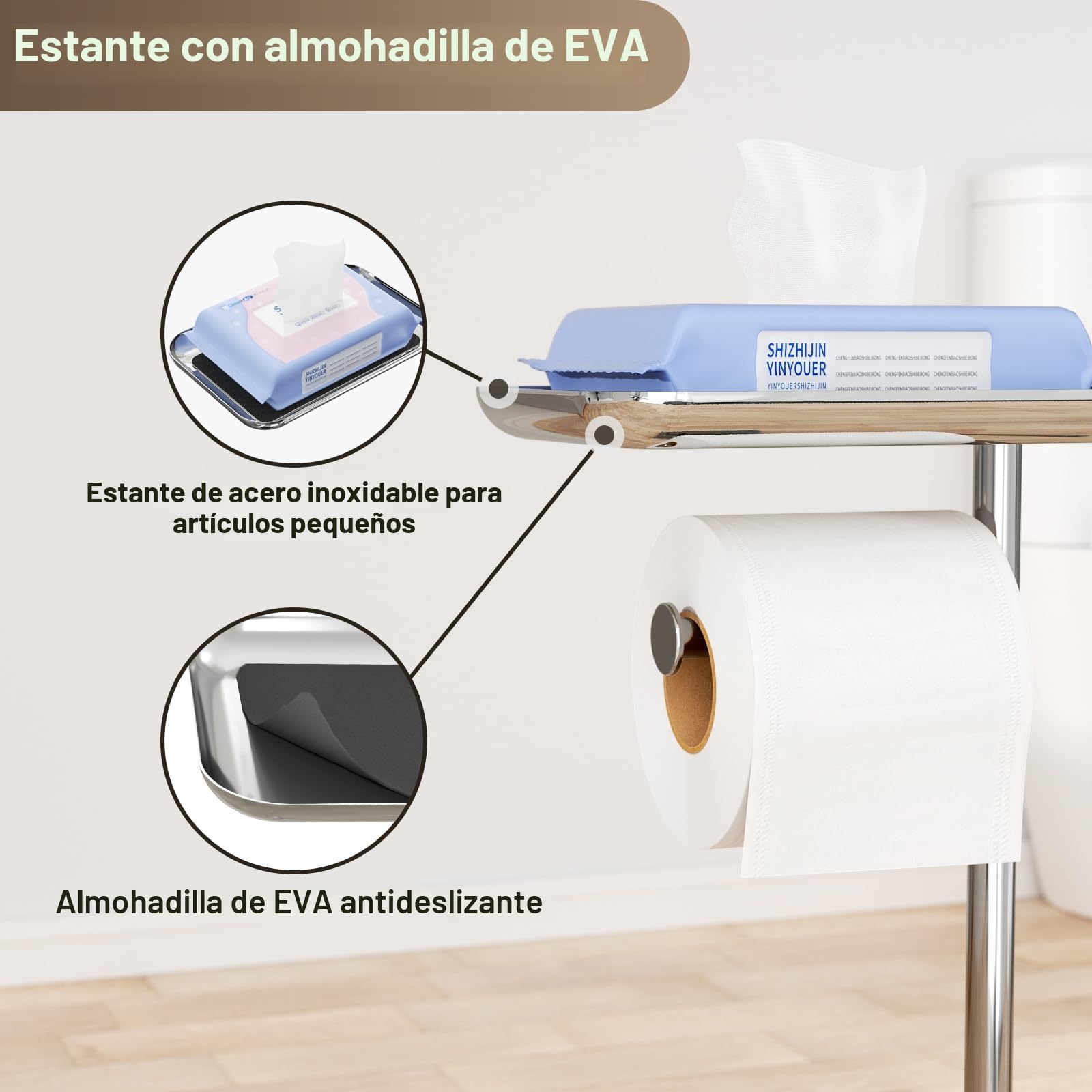 Portarrollos de papel higiénico de pie plateado con cepillo – Set WC con escobilla, bandeja y portarrollos