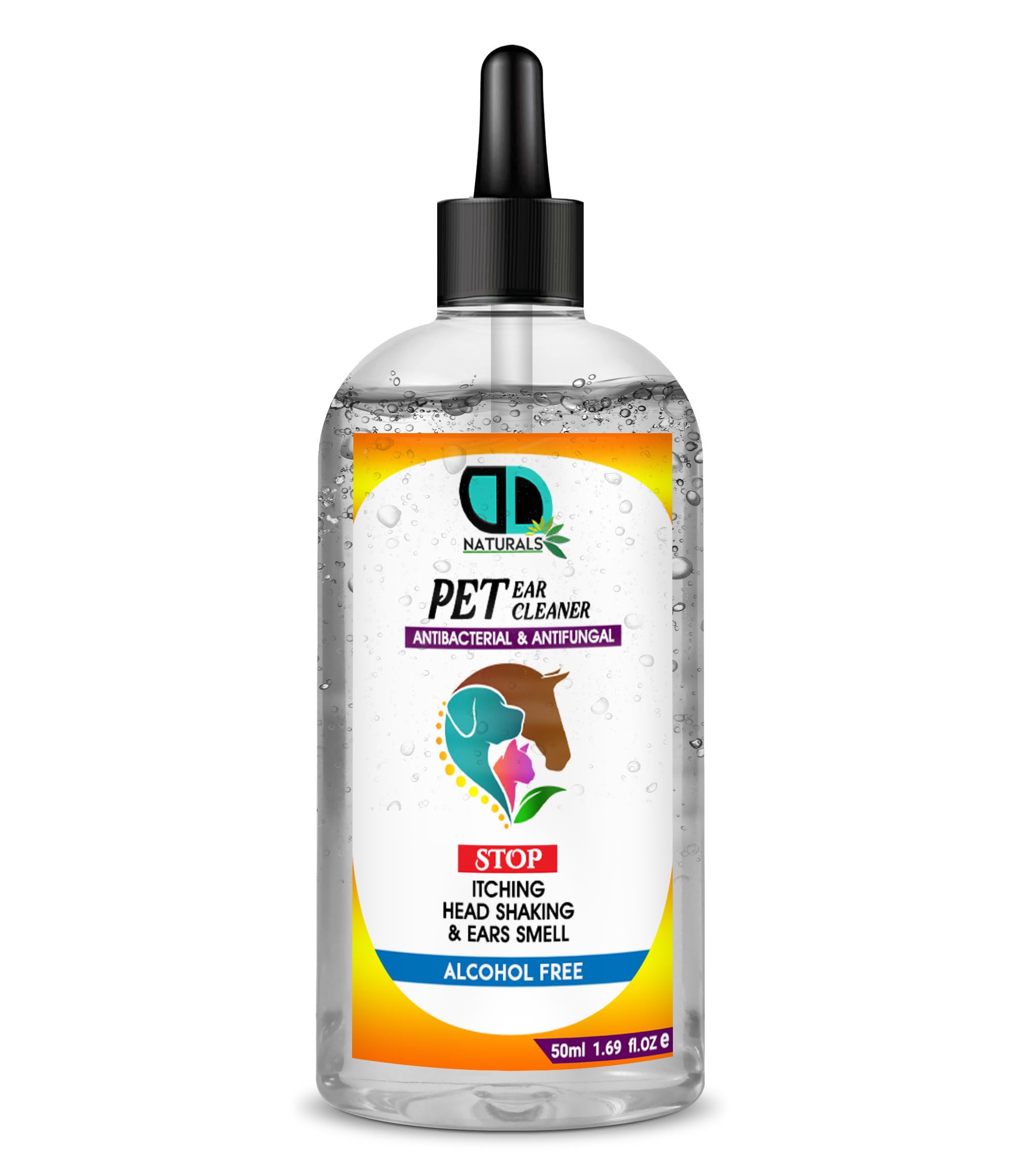 Pet Ear Cleaner– Antibacterial & Antifungal Formula for Dogs, Horses & Pets – Alcohol-Free Otic Solution – Stops Itching, Head Shaking & Ear Odor – Removes Wax (50ml Clear Dropper)