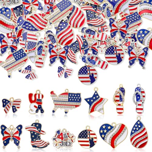 Landical 48 Pcs Patriotic American Flag Charms for Jewelry Making Enamel Red White Blue American Flag Veterans Day Jewelry Pendants for Memorial Day Bracelet Necklace Earring Craft Making