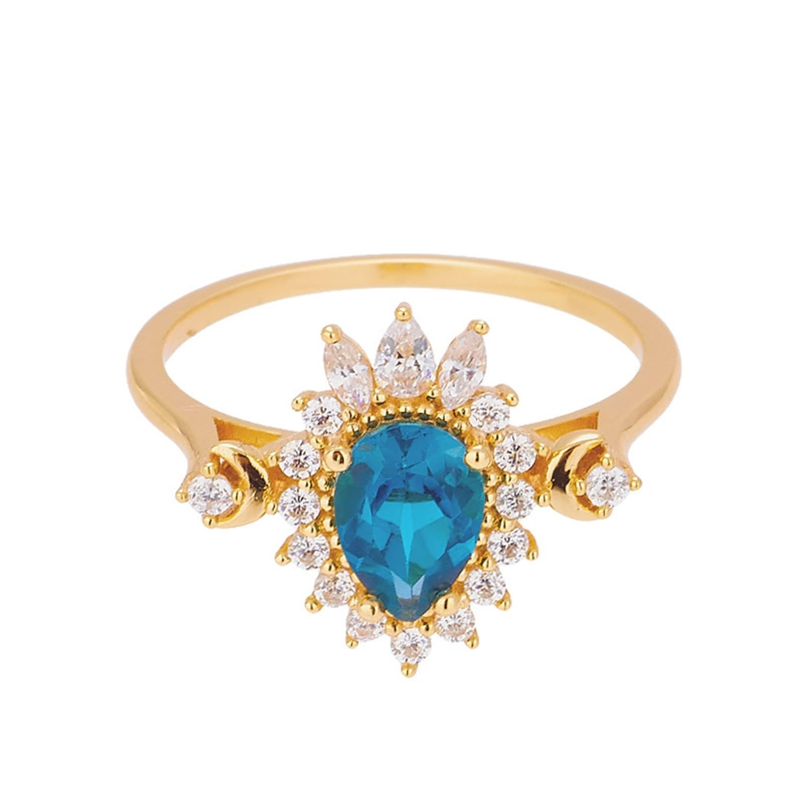 Anillo de boda de oro amarillo Au 375/585/750 con gotas de topacio azul, forma de flor