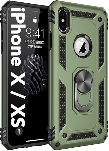 Korecase Funda compatible con iPhone X iPhone Xs (no para iPhone XR), funda protectora extrema con anillo giratorio de 360 grados, color verde oliva