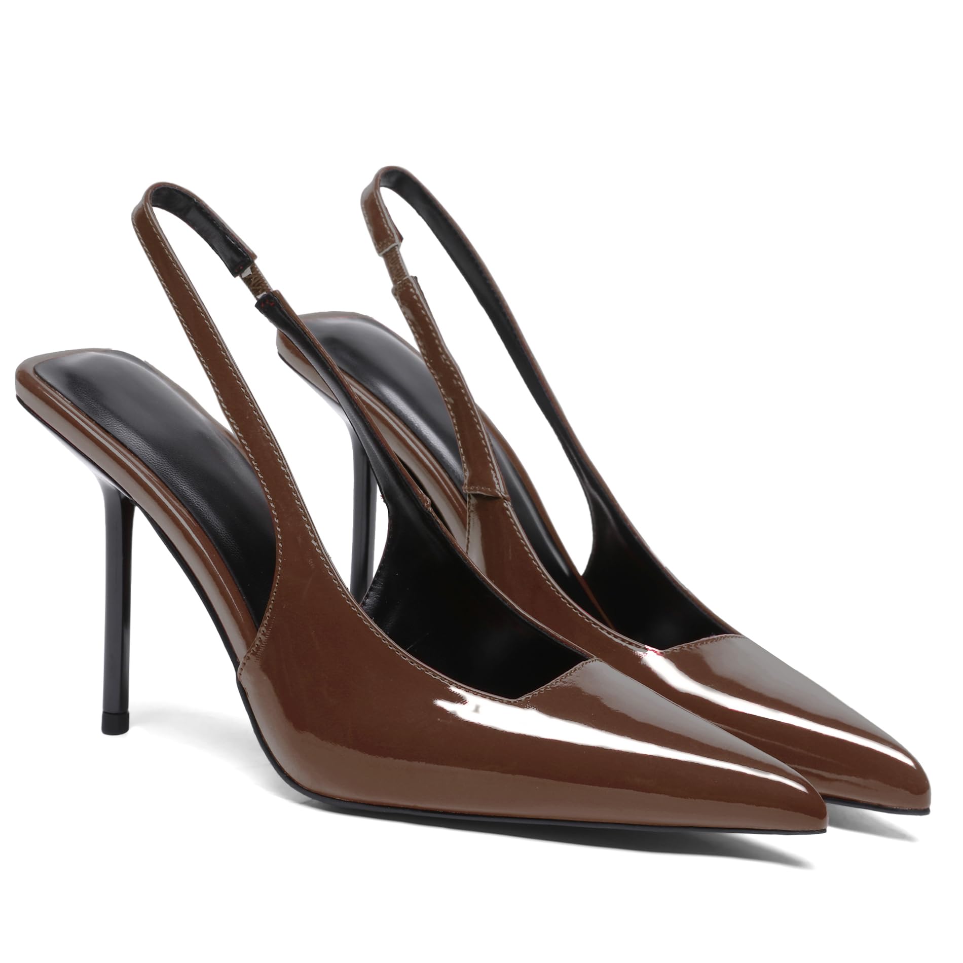 Women's Slingback Stiletto High Heels Pointed Toe Slip On Pumps Shoes Patent Leather Stretch Strap Backless Dress Heels
