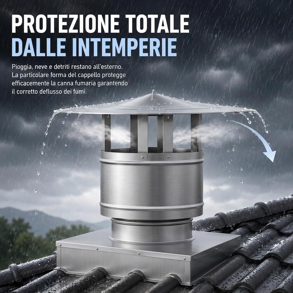 MAKA Comignolo Antivento Base Rettangolare, Terminale per Canna Fumaria Camino Stufa a Legna Pellet e Gas, Cappello Antipioggia Aspirafumo Base Rettangolare (220x320 mm - Inox)