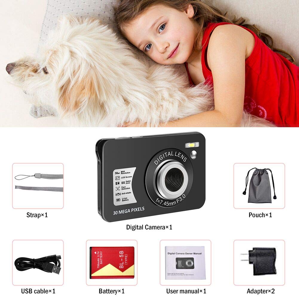 Camara de Fotos Cámara Digital 1080P 30 Megapíxeles Camara Fotos Full HD Cámara Recargable de 2.7 Pulgadas Cámara de Bolsillo con Zoom Digital de 8X Cámara Compacta para Adolescentes Principiantes