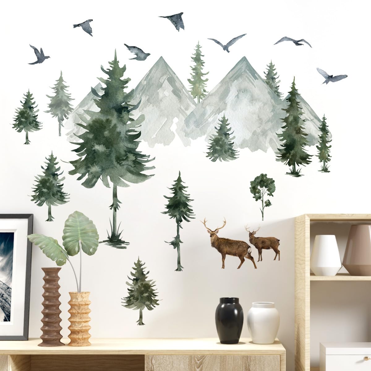 Mirabuy Watercolor Mountain Pine Tree Wall Decals Forest Tree Woodland Deer Birds Wall Stickers for Kids Bedroom Newsery Living Room Wall Decor