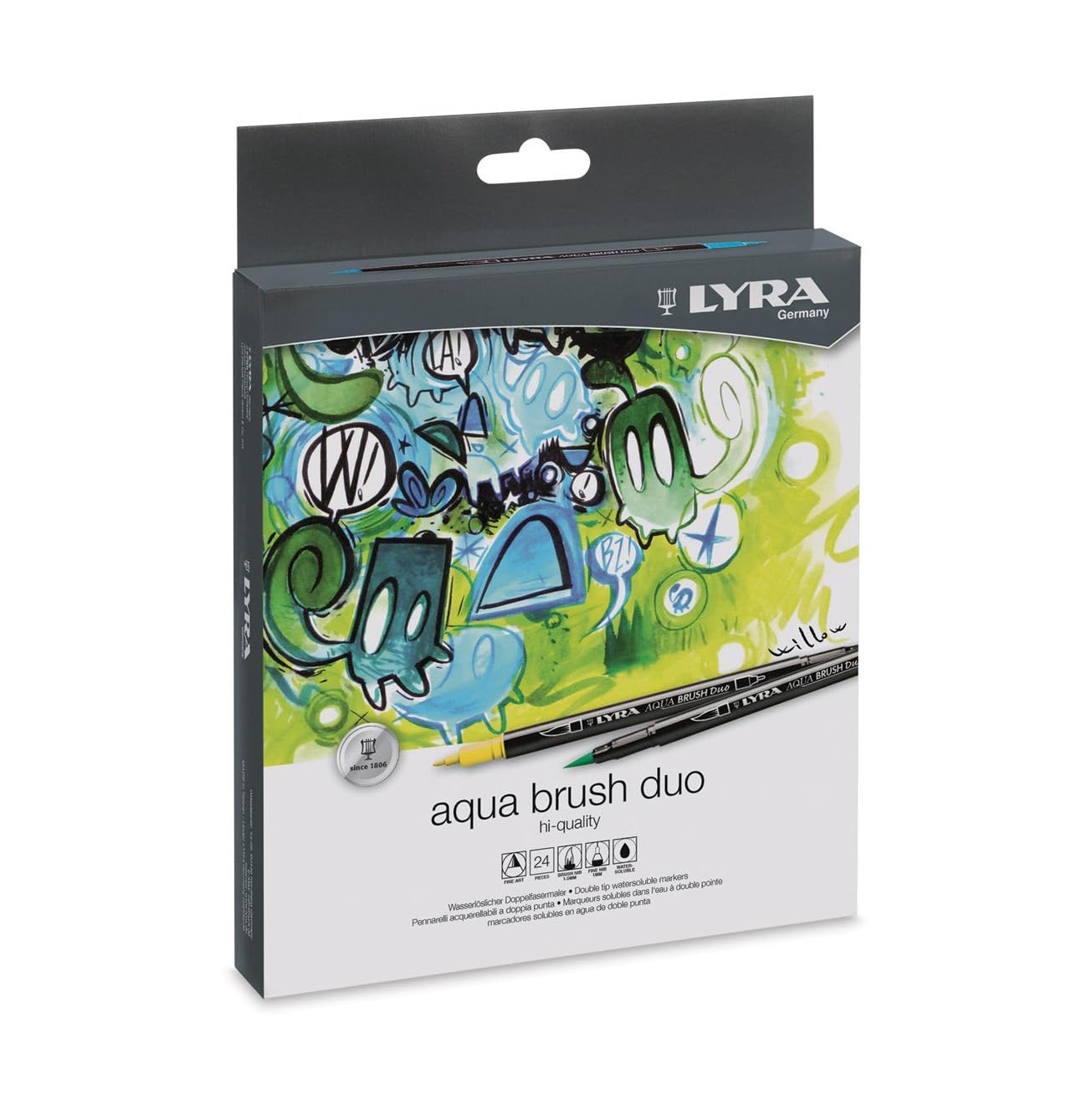 LYRA Aqua Brush Duo, Fine Art Brush Marker Set, Dual Tip, 24 Assorted Colours, Water Soluble Pens, For Professionals & Students