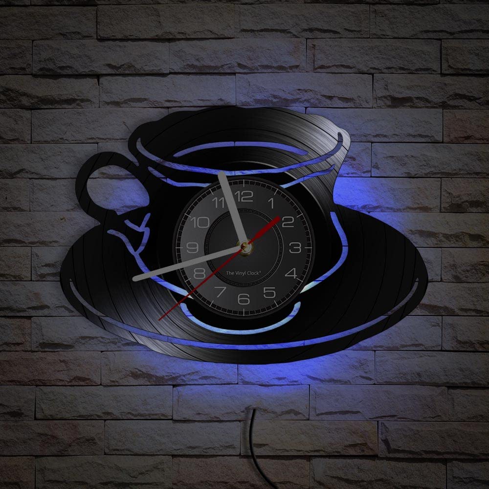 Orologio da parete in vinile, funzione luce notturna a LED a tema tazza di caffè, è un regalo da parete per gli amici amanti del caffè. (sette colori)
