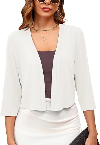 Women's 3/4 Sleeve Thin Shrugs Lightweight Open Front Cropped Cardigan for Women - (color: A02-white, size: Medium)