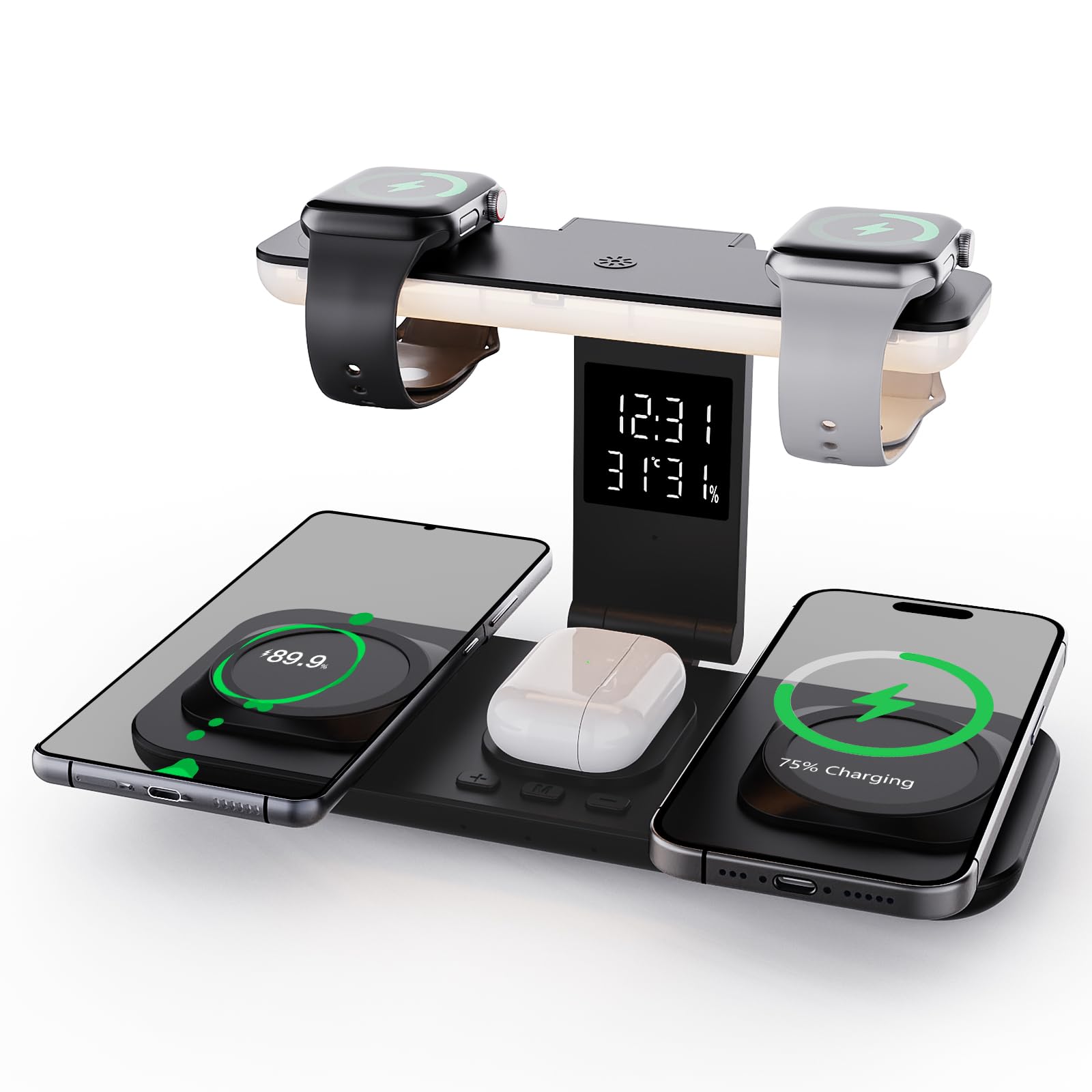 Stazione di Ricarica Wireless 5 in 1 con Orologio e Luce Notturna, Caricatore Doppio per 2 Telefoni e 2 Orologi, Compatibile con iPhone 17 16 15 14 Pro Max, Samsung, Apple Watch, Galaxy Watch, AirPods