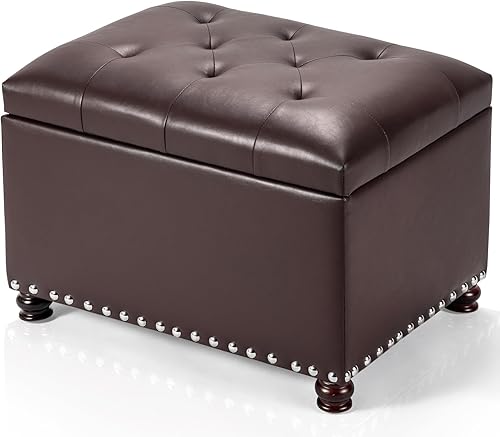 Adeco Reposapiés de almacenamiento cuadrado copetudo de cuero consolidado, 18" otomana, marrón oscuro