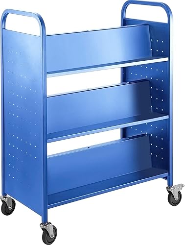 VEVOR Carrito de libros, carrito de biblioteca de 6 estantes, carrito de libros de biblioteca rodante de doble cara con estantes inclinados en forma