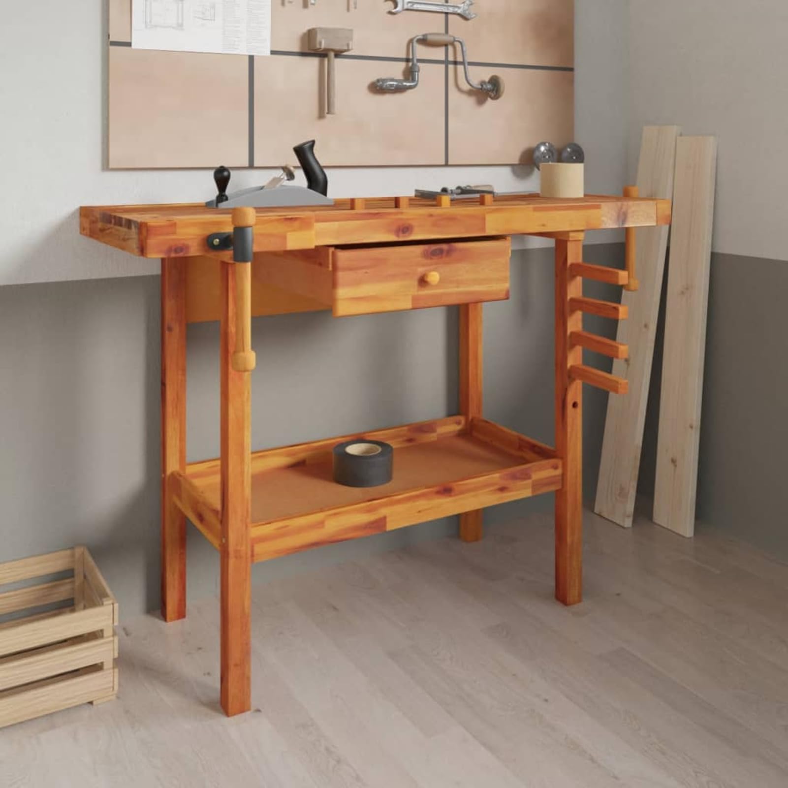 ShGaxin Banco Trabajo cajón y Tornillos Banco, Mesa De Trabajo Taller, Caballete Mesa, Banco Herramientas, Caballete para Mesa, Bancada De Trabalho, Madera Acacia 124x52x83cm