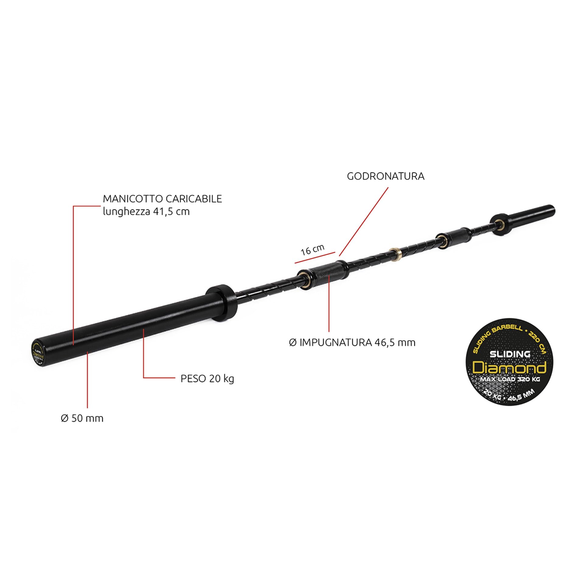 Diamond【Bilanciere Olimpico Sliding-Grip 220 cm Ø50 mm】Barra Pesi 20 kg [Carico 320 kg] Barbell Professionale con Impugnature Flottanti Ø46,5 mm, Godronatura Antiscivolo, Powerlifting & Bodybuilding