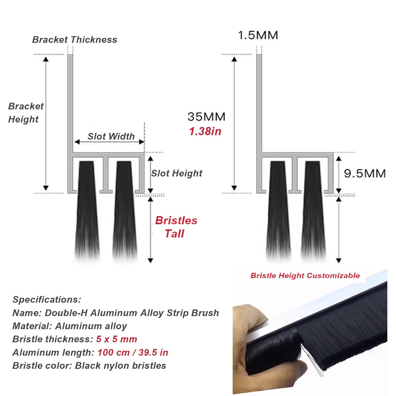 Guarnizione per porta a doppia H in alluminio e spazzola, 2 pezzi, adatta a tutte le stagioni, con setole in nylon ad alta densità, per uso commerciale(Bristles 0.59in/1.5cm)