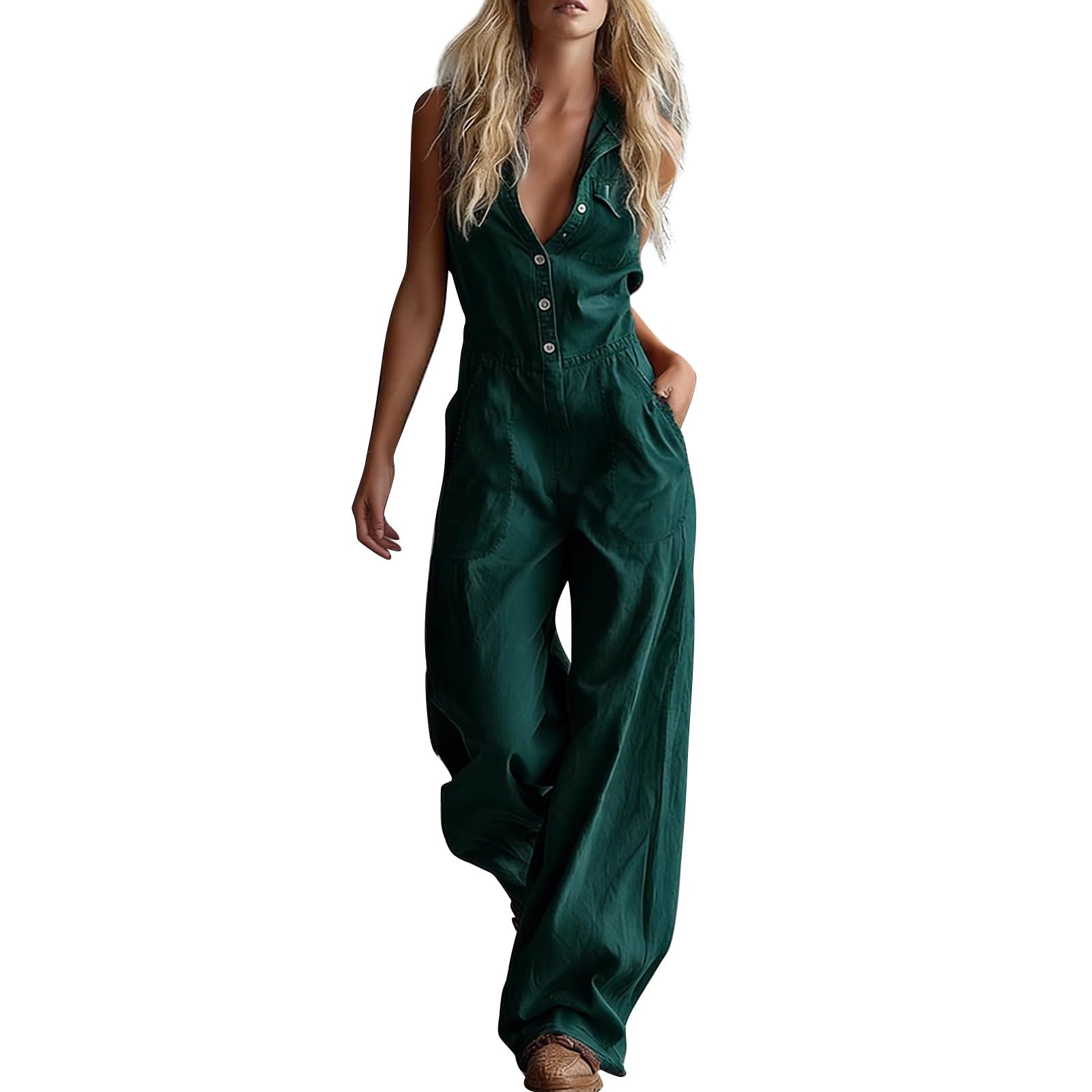 Tuta da donna in lino estivo ampio e traspirante pantaloni gamba larga western scollo a v playsuit in lino e cotone tuta da spiaggia moda chic tuta da lavoro con tasche e bottoni